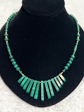 Vintage Green Malachite & Gold Cleopatra Style Bib Fringe Necklace
